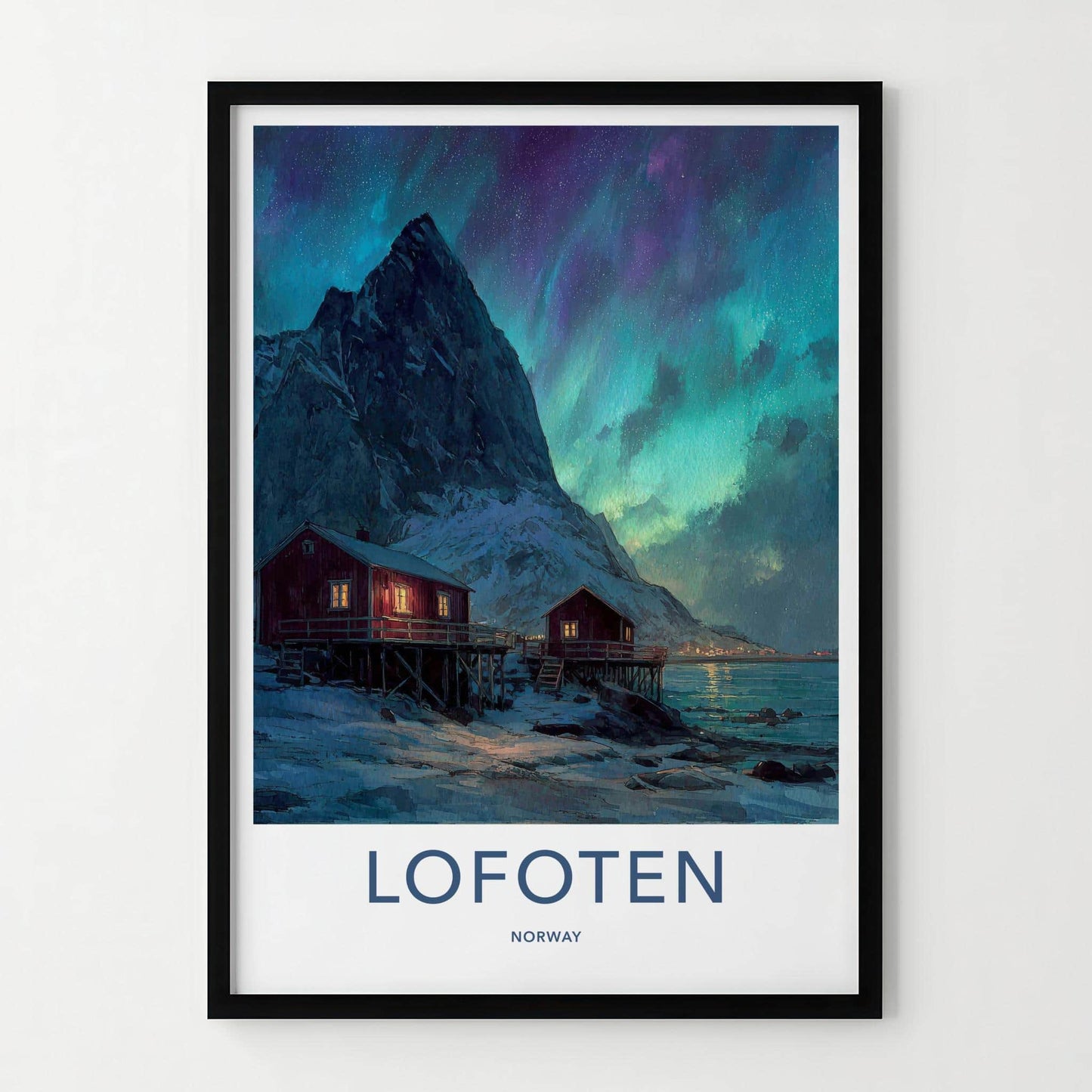 Lofoten Poster - Norway Travel Art - Red Cabins Aurora Home Decor