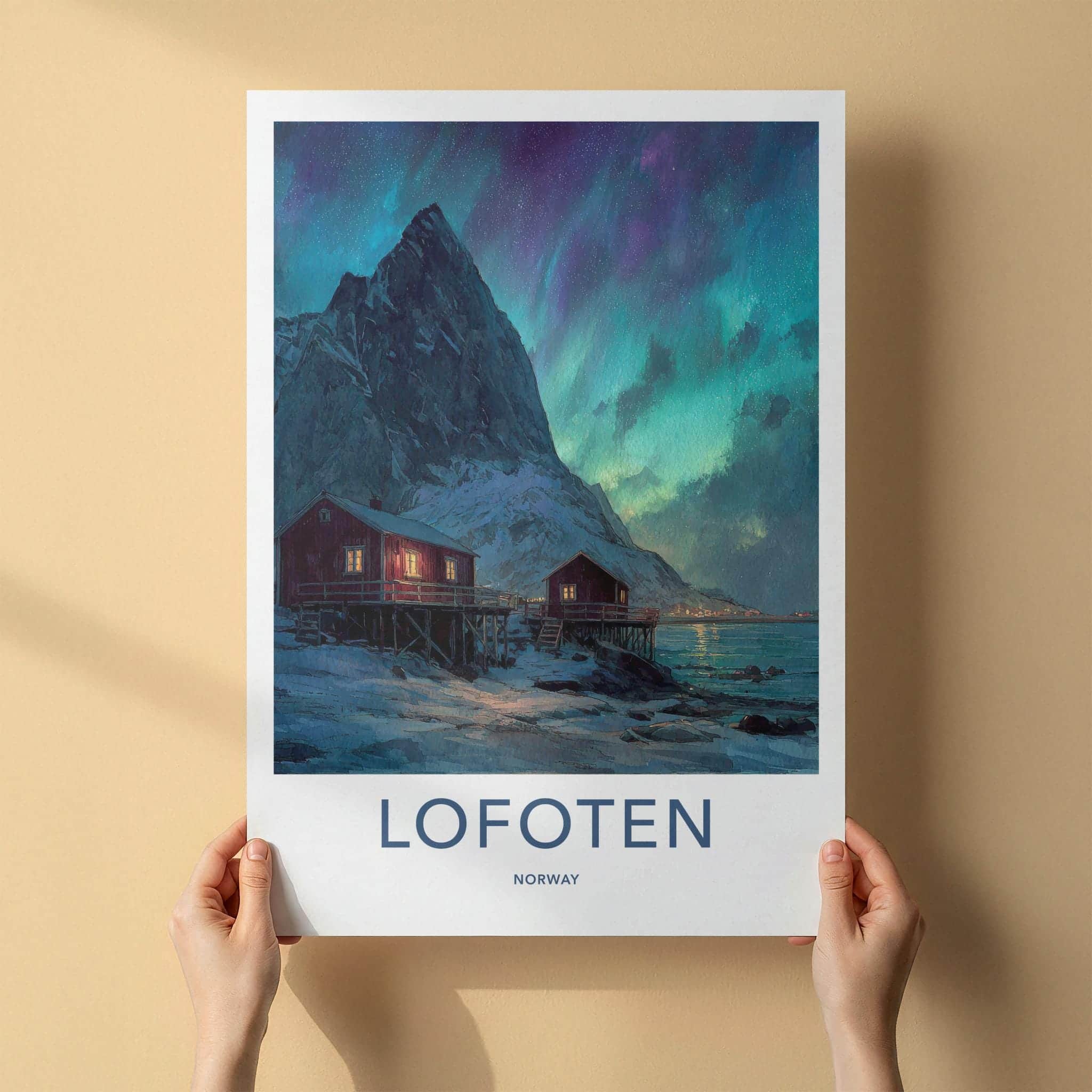 Lofoten Poster - Norway Travel Art - Red Cabins Aurora Home Decor