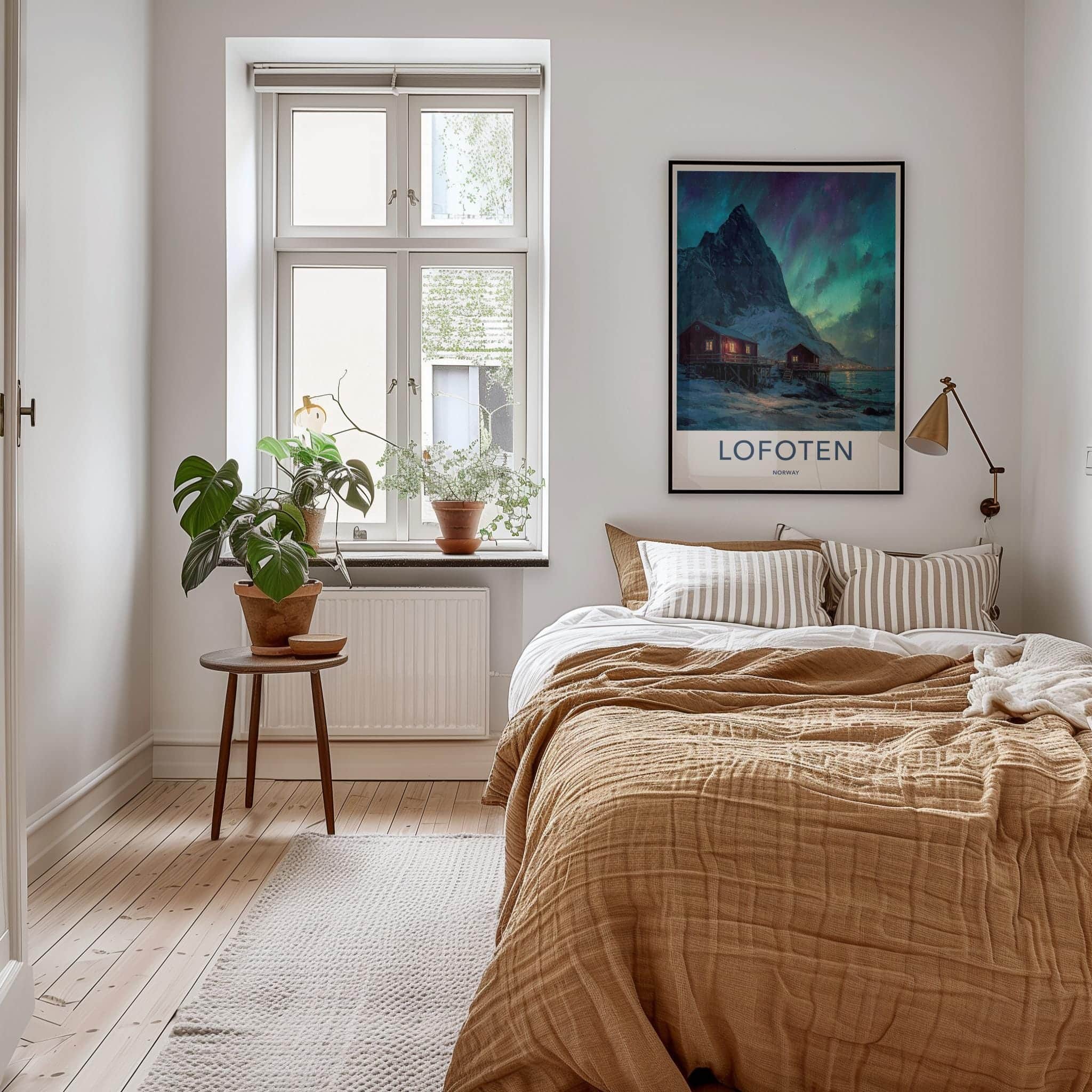 Lofoten Poster - Norway Travel Art - Red Cabins Aurora Home Decor