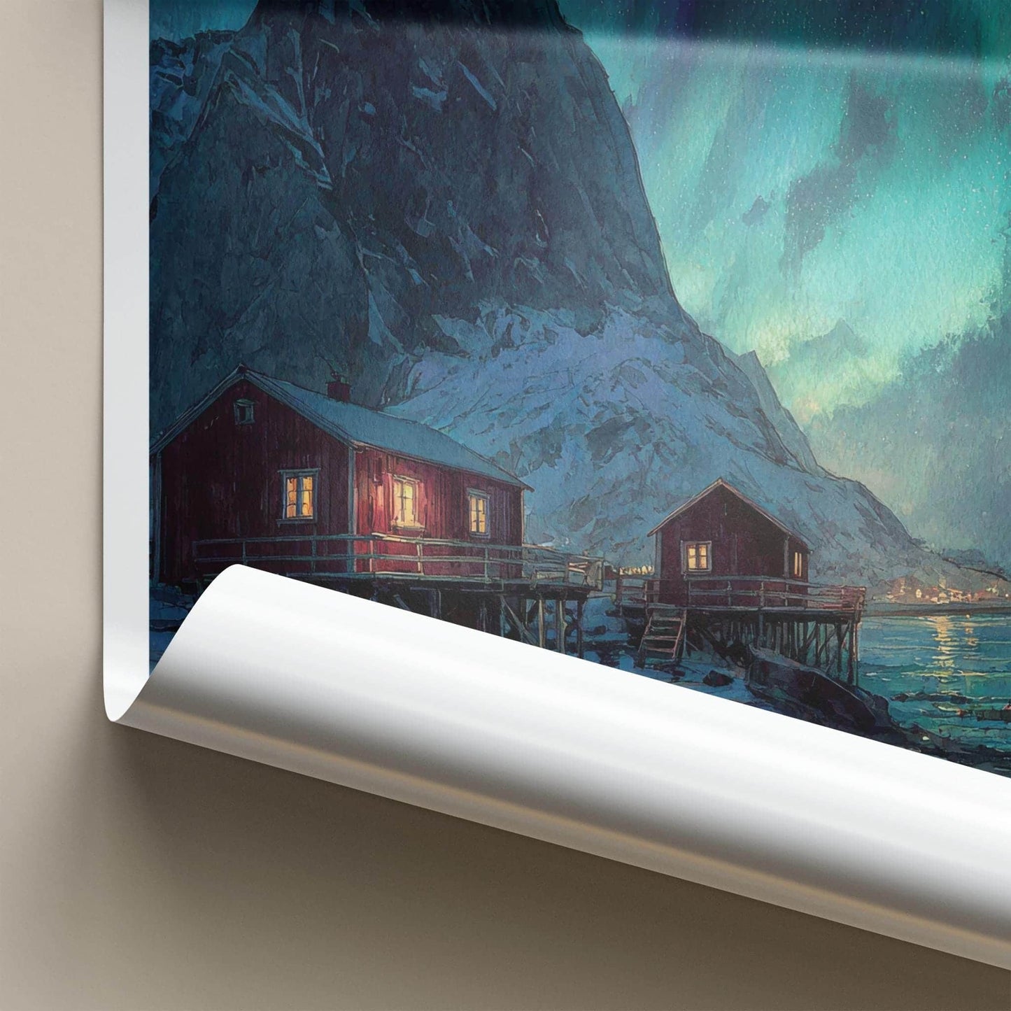 Lofoten Poster - Norway Travel Art - Red Cabins Aurora Home Decor