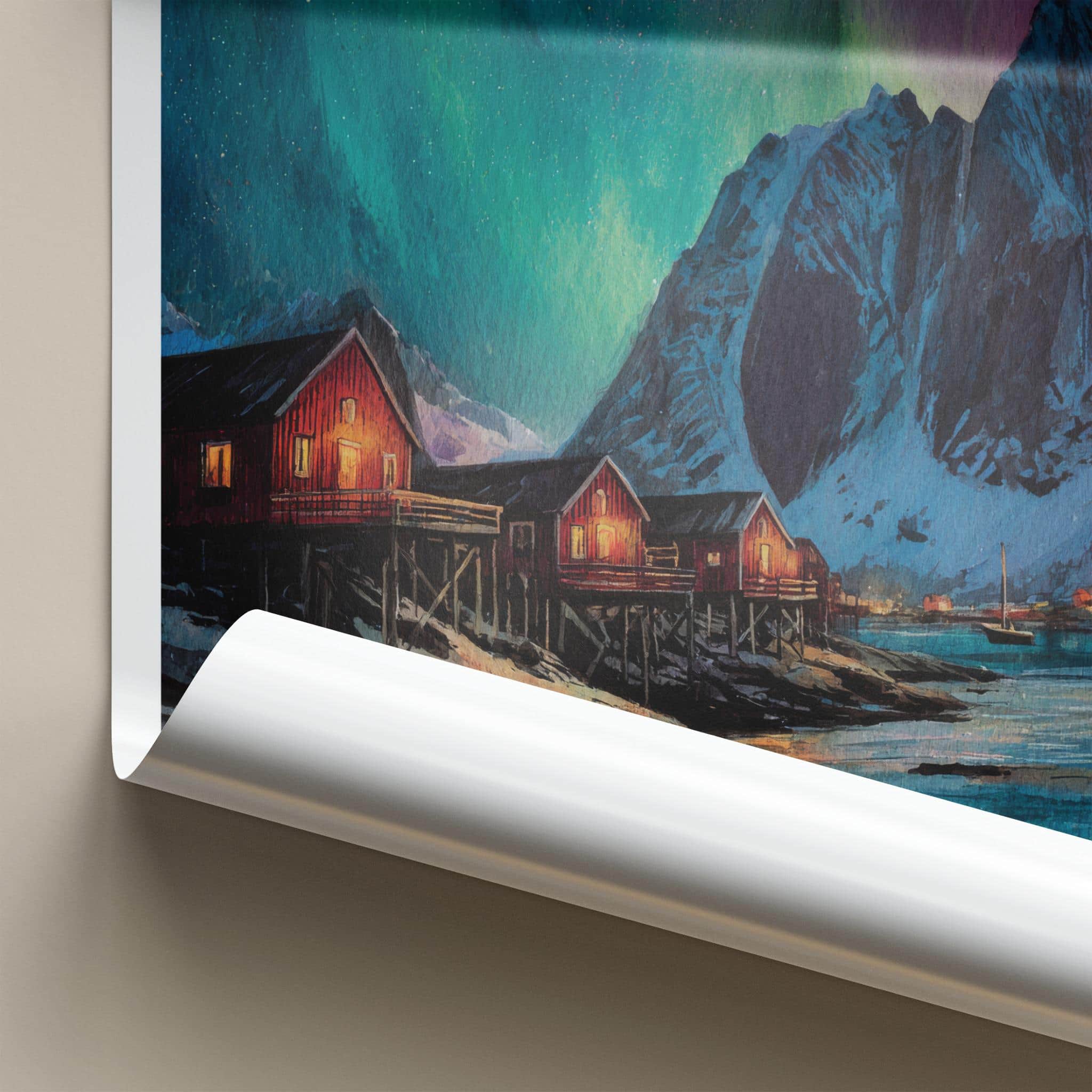 Lofoten Poster - Norway Travel Print - Coastal Cabins Aurora Lounge Decor