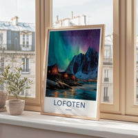 Lofoten Poster - Norway Travel Print - Coastal Cabins Aurora Lounge Decor
