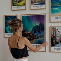 Lofoten Poster - Norway Travel Print - Coastal Cabins Aurora Lounge Decor