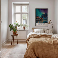 Lofoten Poster - Norway Travel Print - Coastal Cabins Aurora Lounge Decor