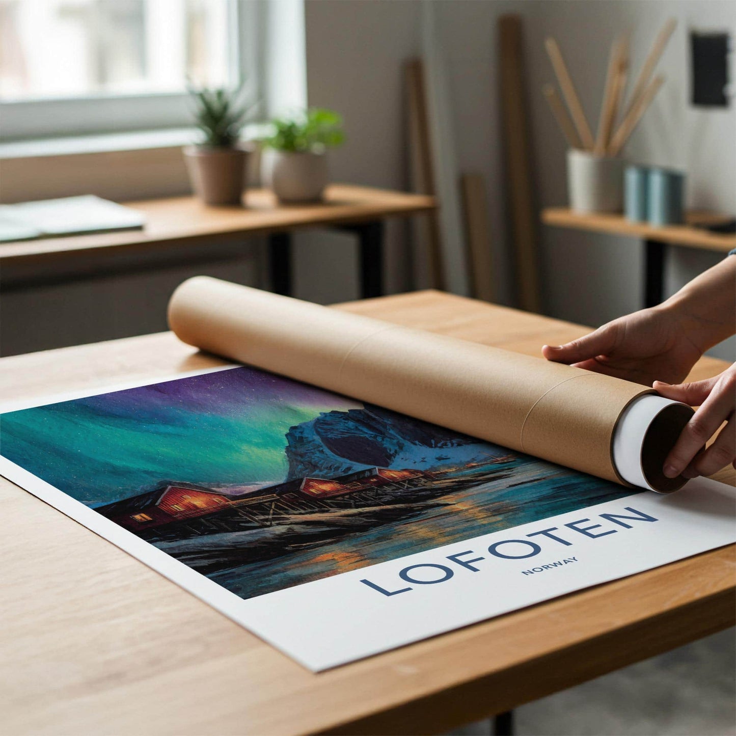 Lofoten Poster - Norway Travel Print - Coastal Cabins Aurora Lounge Decor