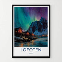 Lofoten Poster - Norway Travel Print - Coastal Cabins Aurora Lounge Decor