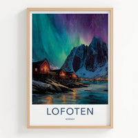 Lofoten Poster - Norway Travel Print - Coastal Cabins Aurora Lounge Decor