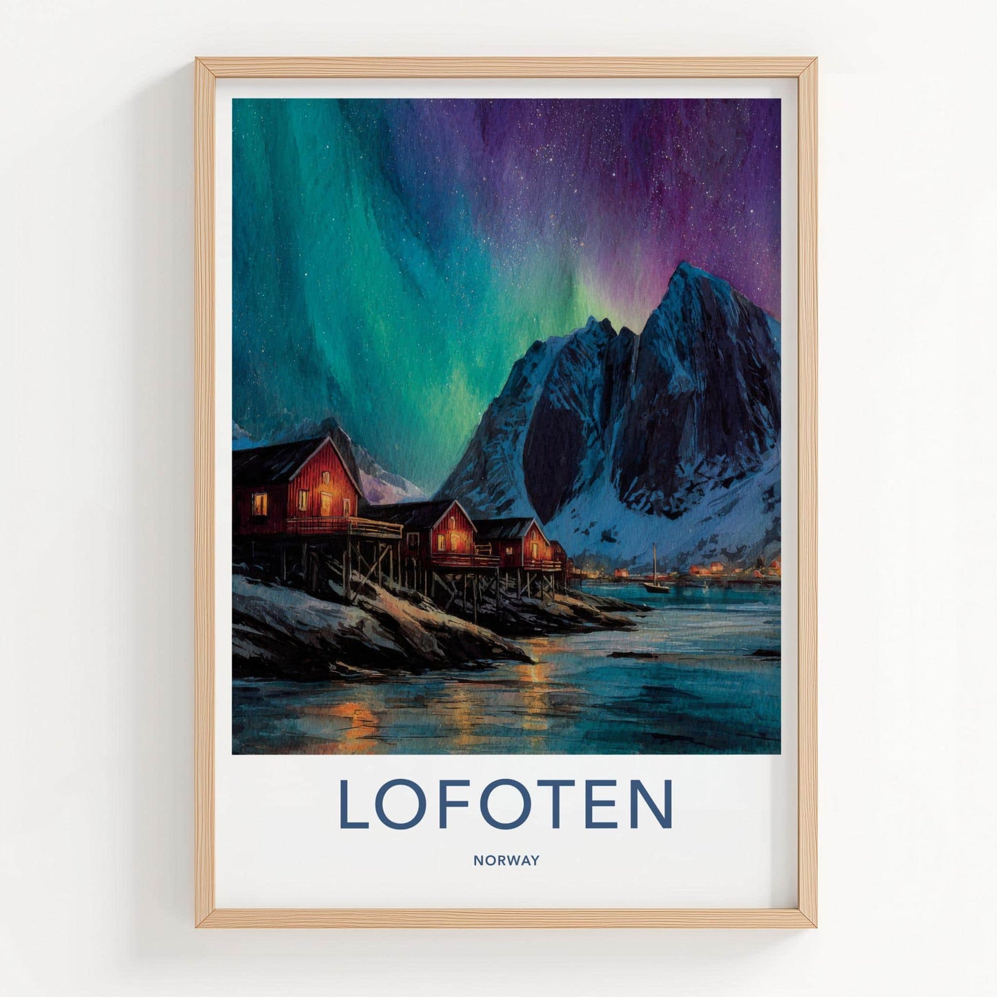 Lofoten Poster - Norway Travel Print - Coastal Cabins Aurora Lounge Decor