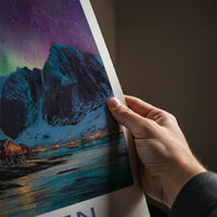 Lofoten Poster - Norway Travel Print - Coastal Cabins Aurora Lounge Decor
