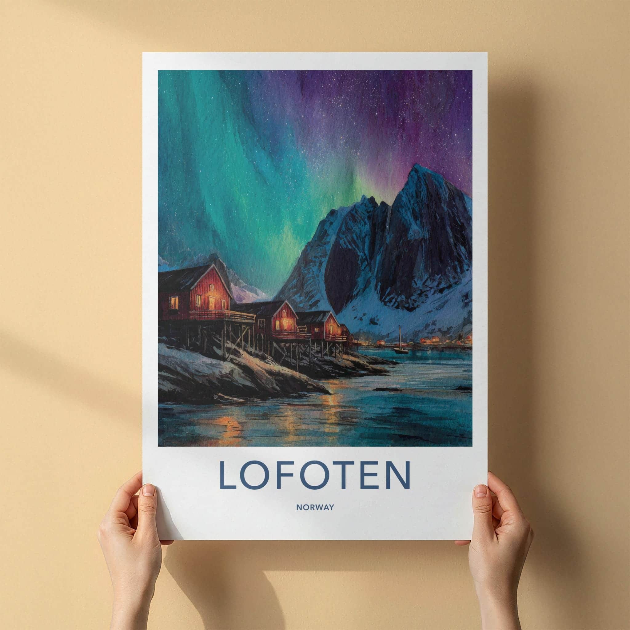 Lofoten Poster - Norway Travel Print - Coastal Cabins Aurora Lounge Decor