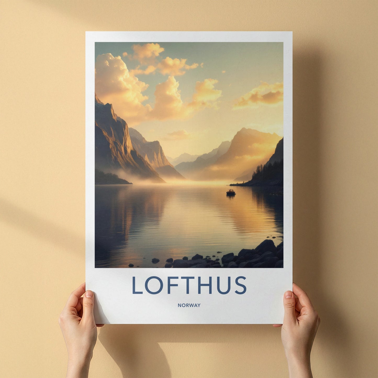 Lofthus Poster - Norway Travel Art - Golden Fjord Reflection Home Decor