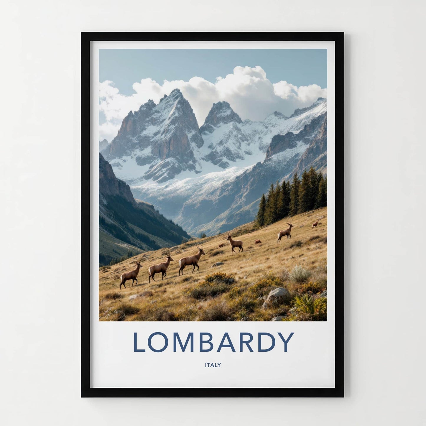 Lombardy Poster - Italy Travel Art - Grazing Deer Mountain Home Decor