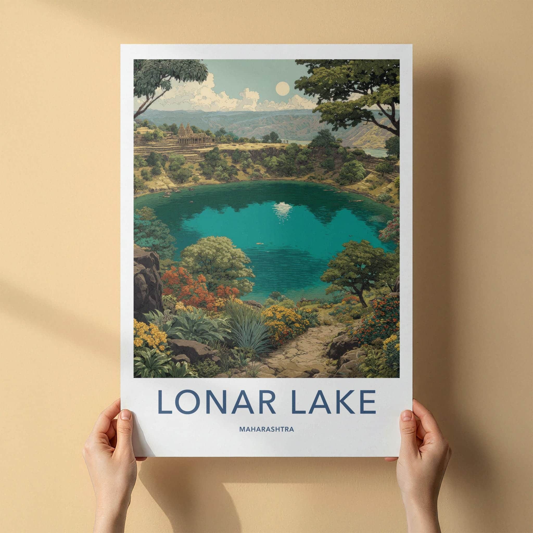 Lonar Lake Poster - India Wall Art - Maharashtra Crater Lake Temple Home Art