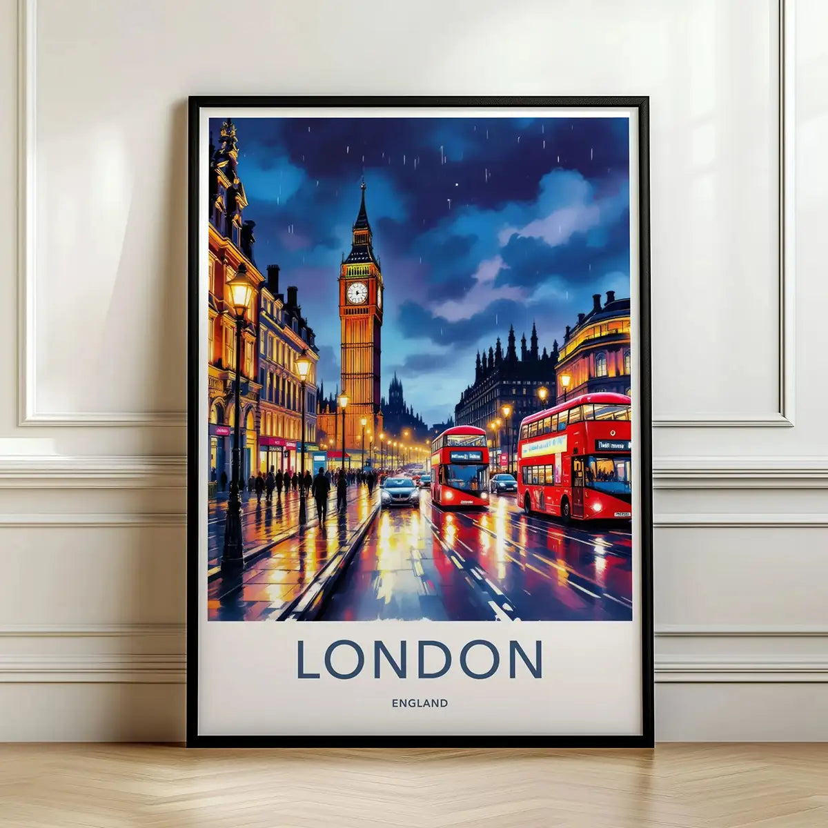 Framed vintage travel poster of a rainy London street scene at twilight featuring Big Ben and red double-decker buses representing the United Kingdom collection.