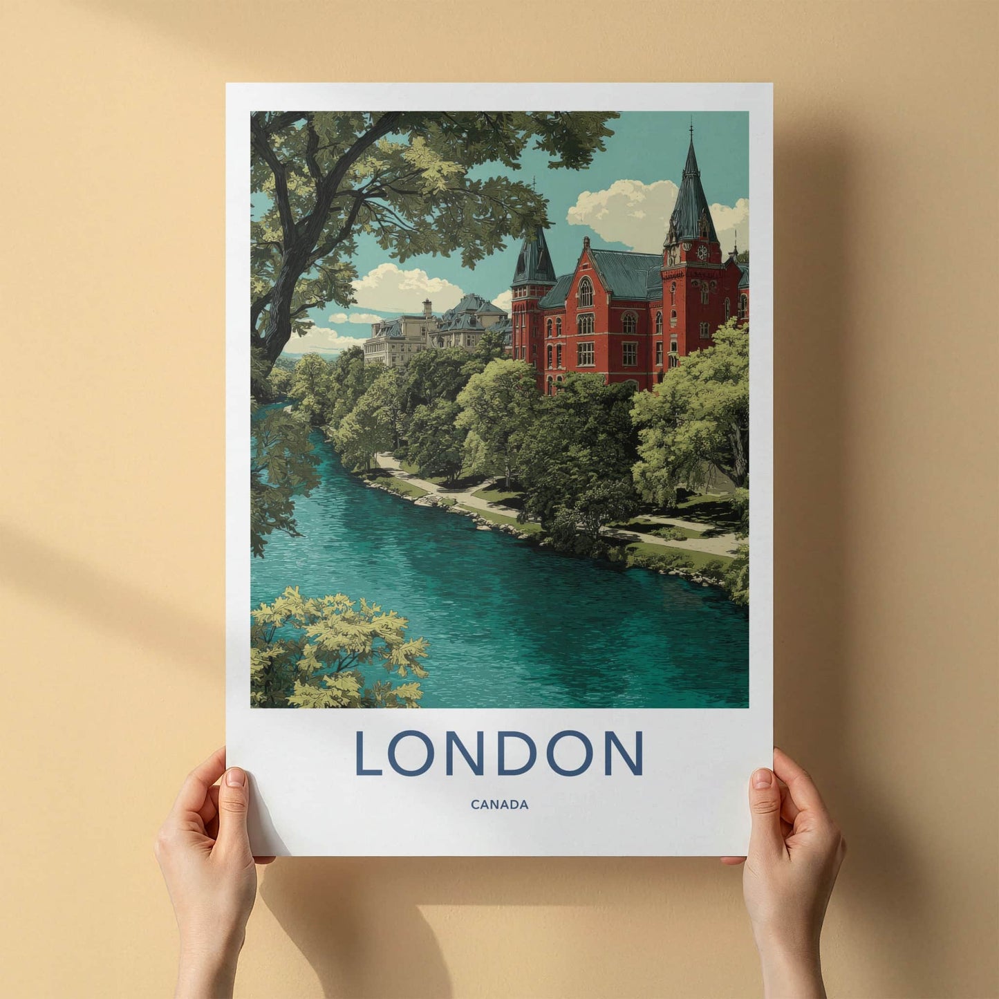London Poster - Canada Travel Art - Lush Riverfront Campus Home Decor