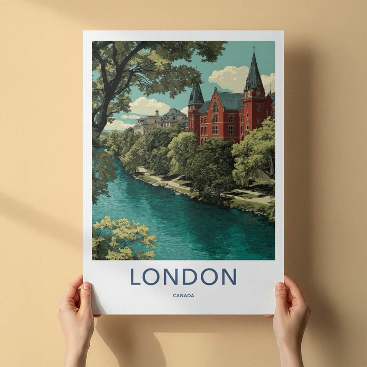 London Poster - Canada Travel Art - Lush Riverfront Campus Home Decor