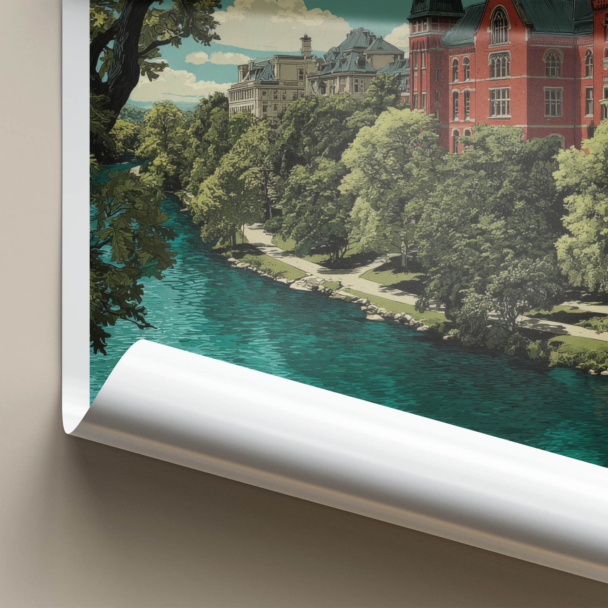 London Poster - Canada Travel Art - Lush Riverfront Campus Home Decor