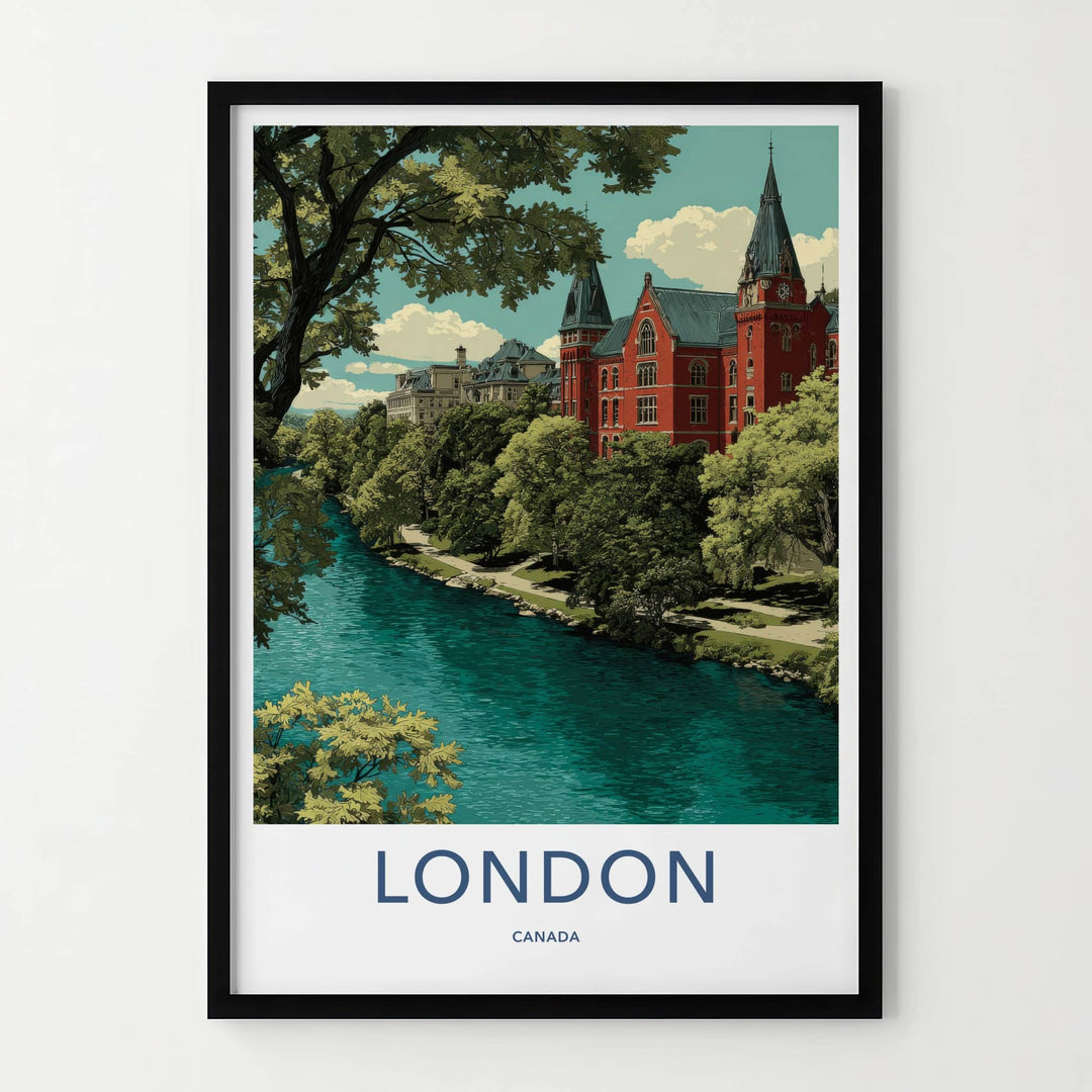 London Poster - Canada Travel Art - Lush Riverfront Campus Home Decor