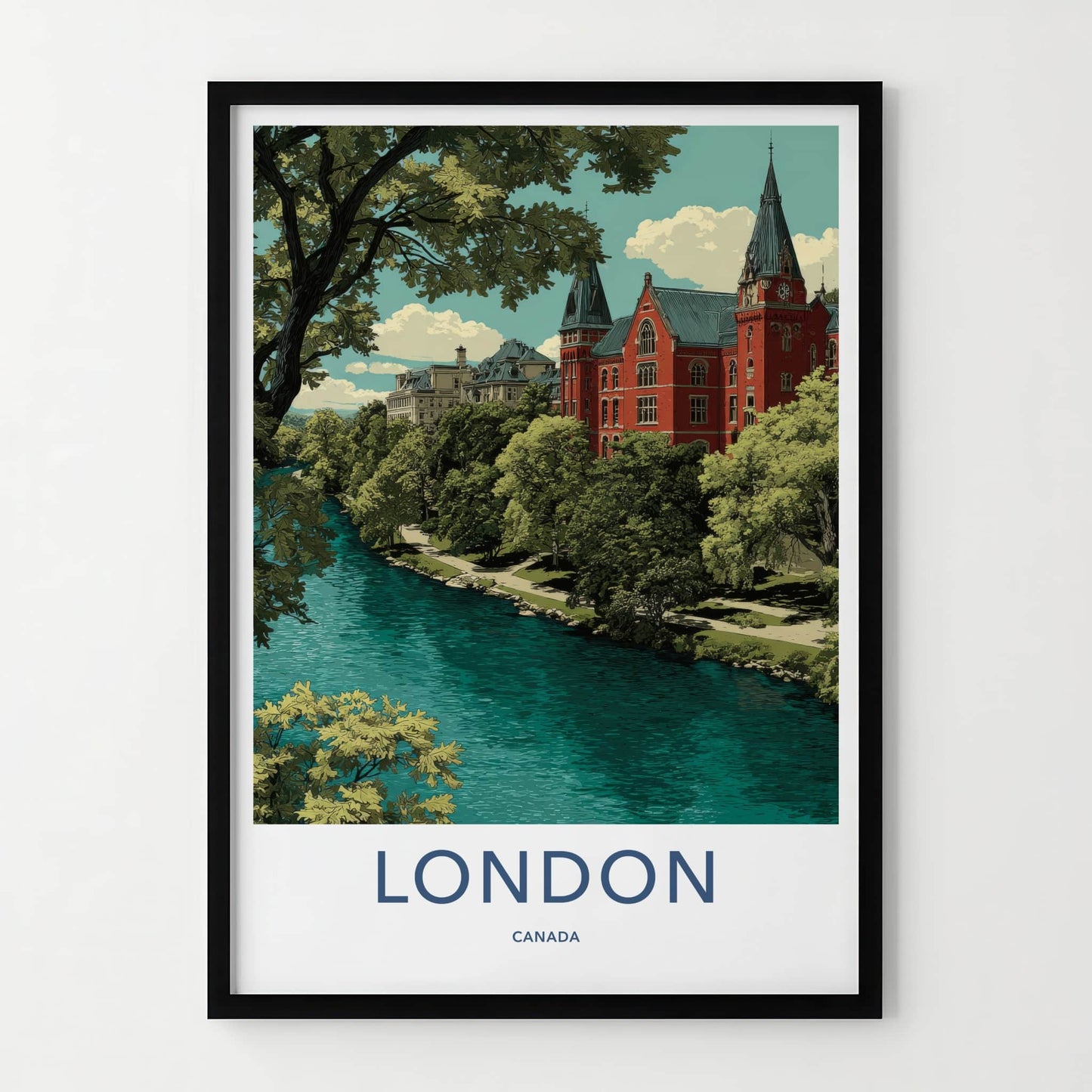London Poster - Canada Travel Art - Lush Riverfront Campus Home Decor