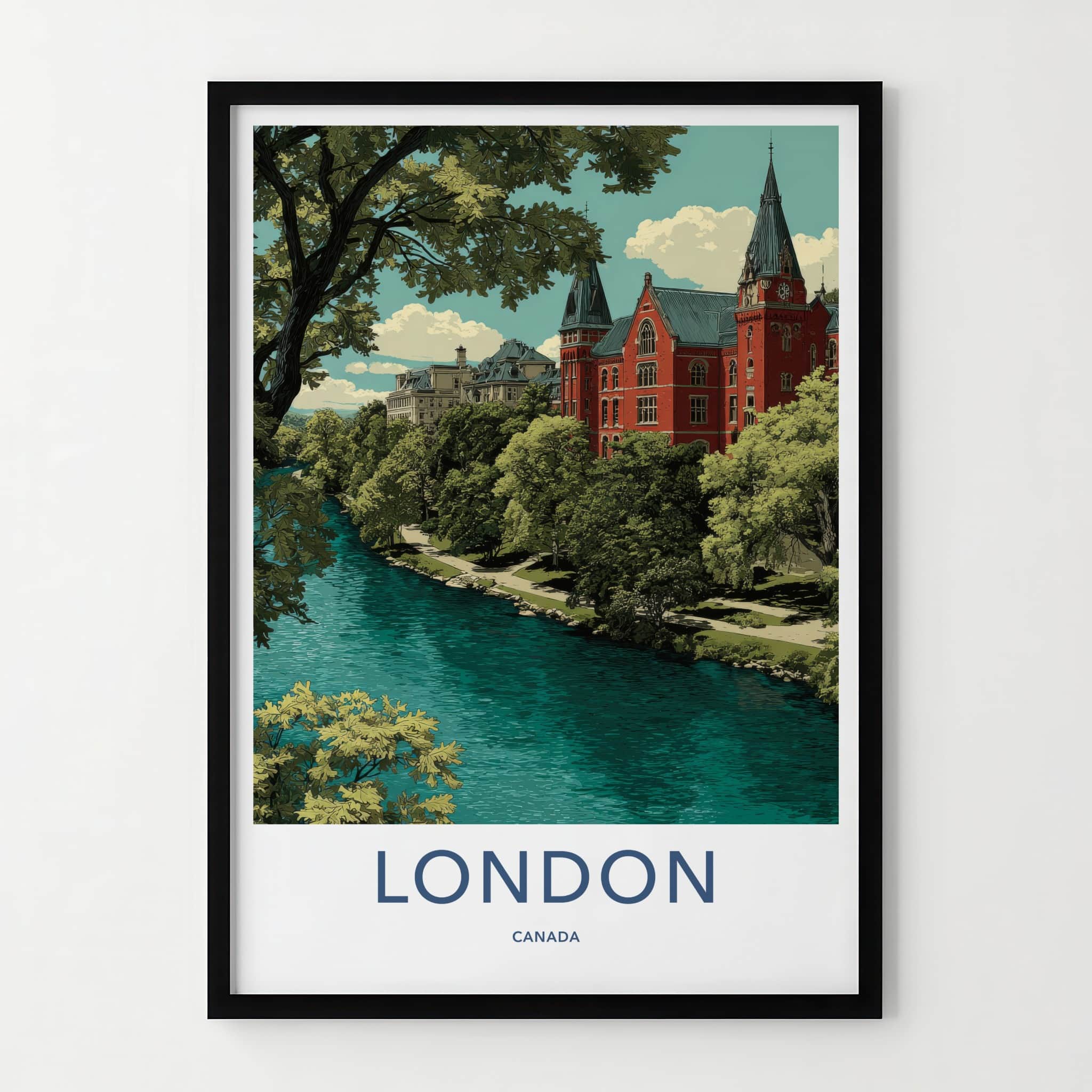 London Poster - Canada Travel Art - Lush Riverfront Campus Home Decor