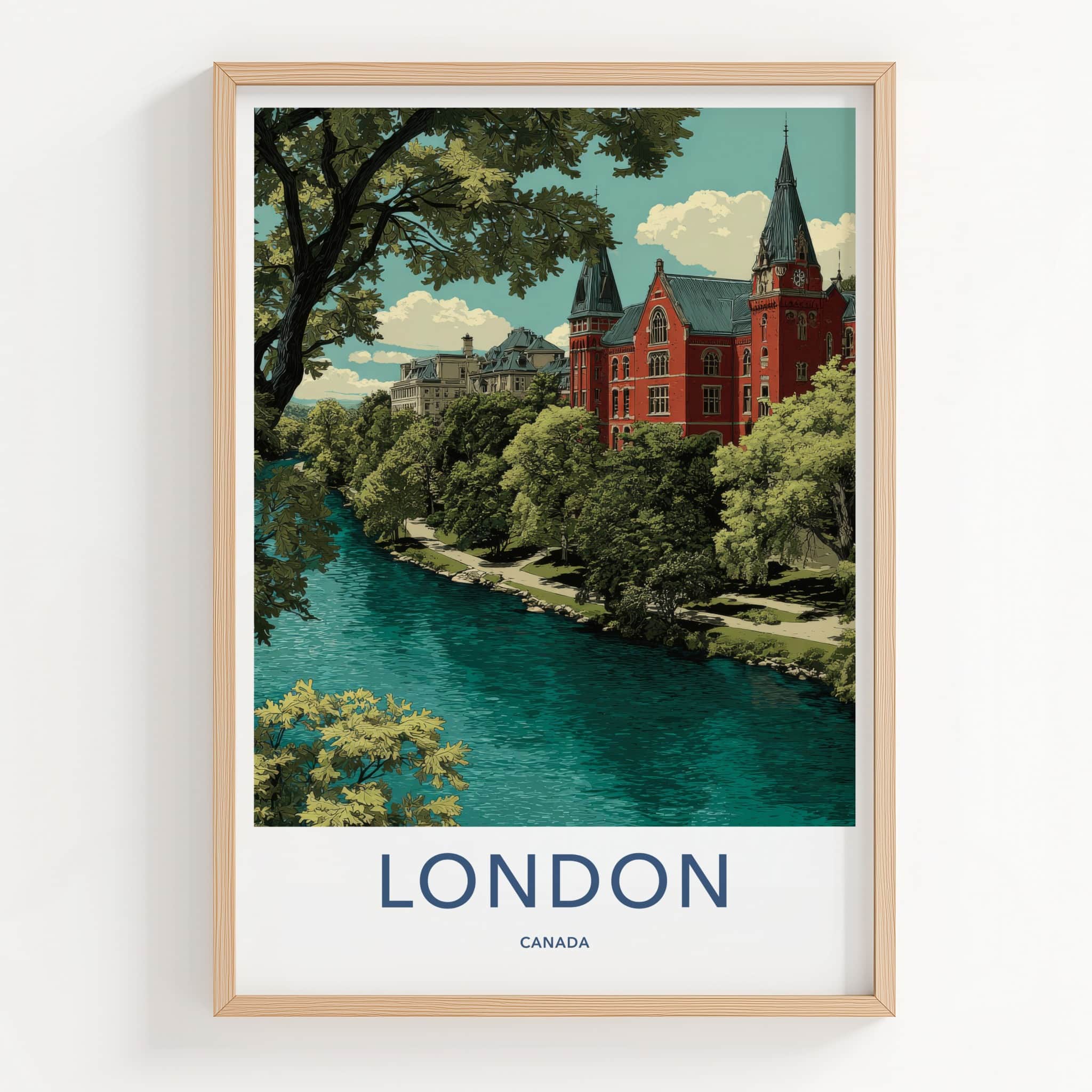 London Poster - Canada Travel Art - Lush Riverfront Campus Home Decor