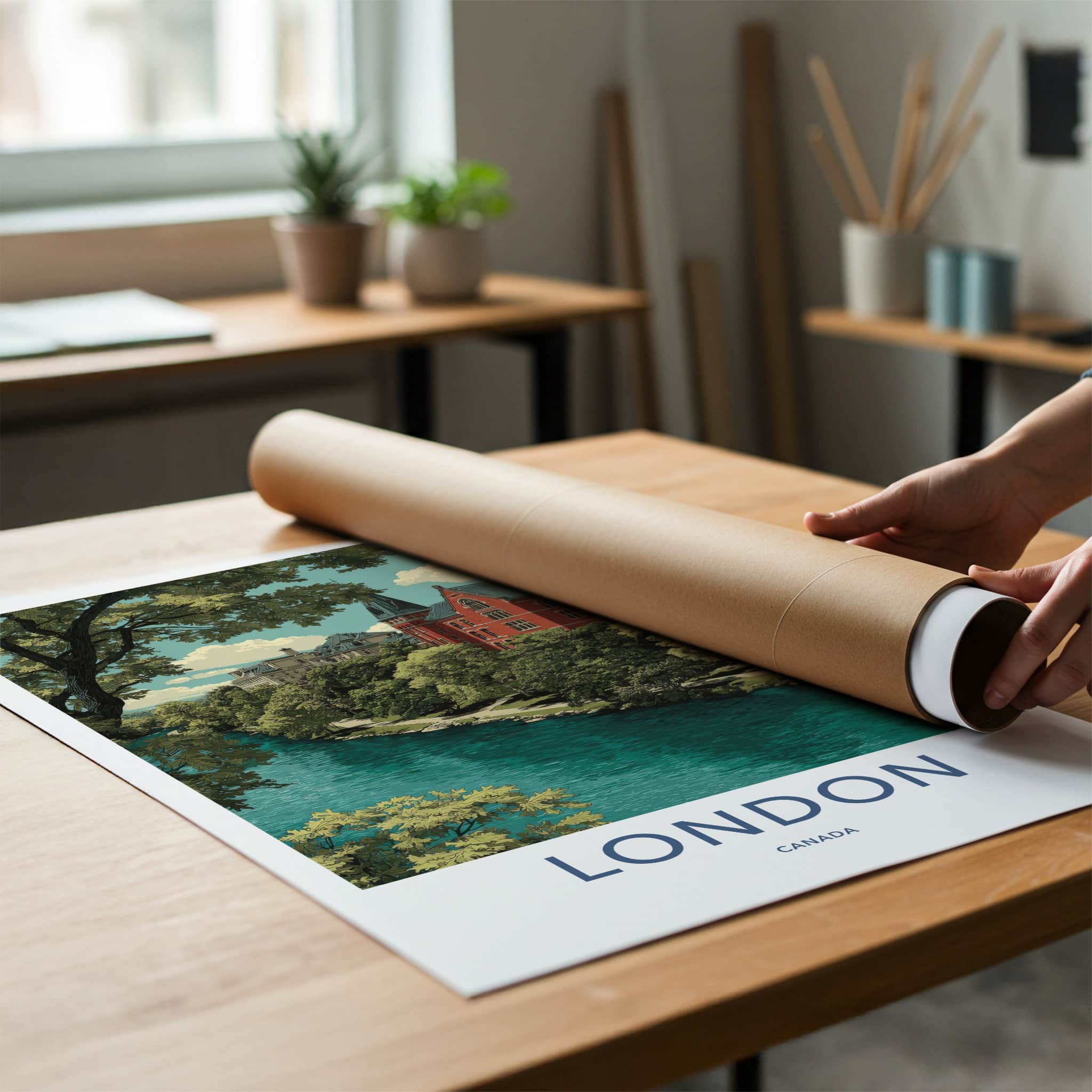 London Poster - Canada Travel Art - Lush Riverfront Campus Home Decor