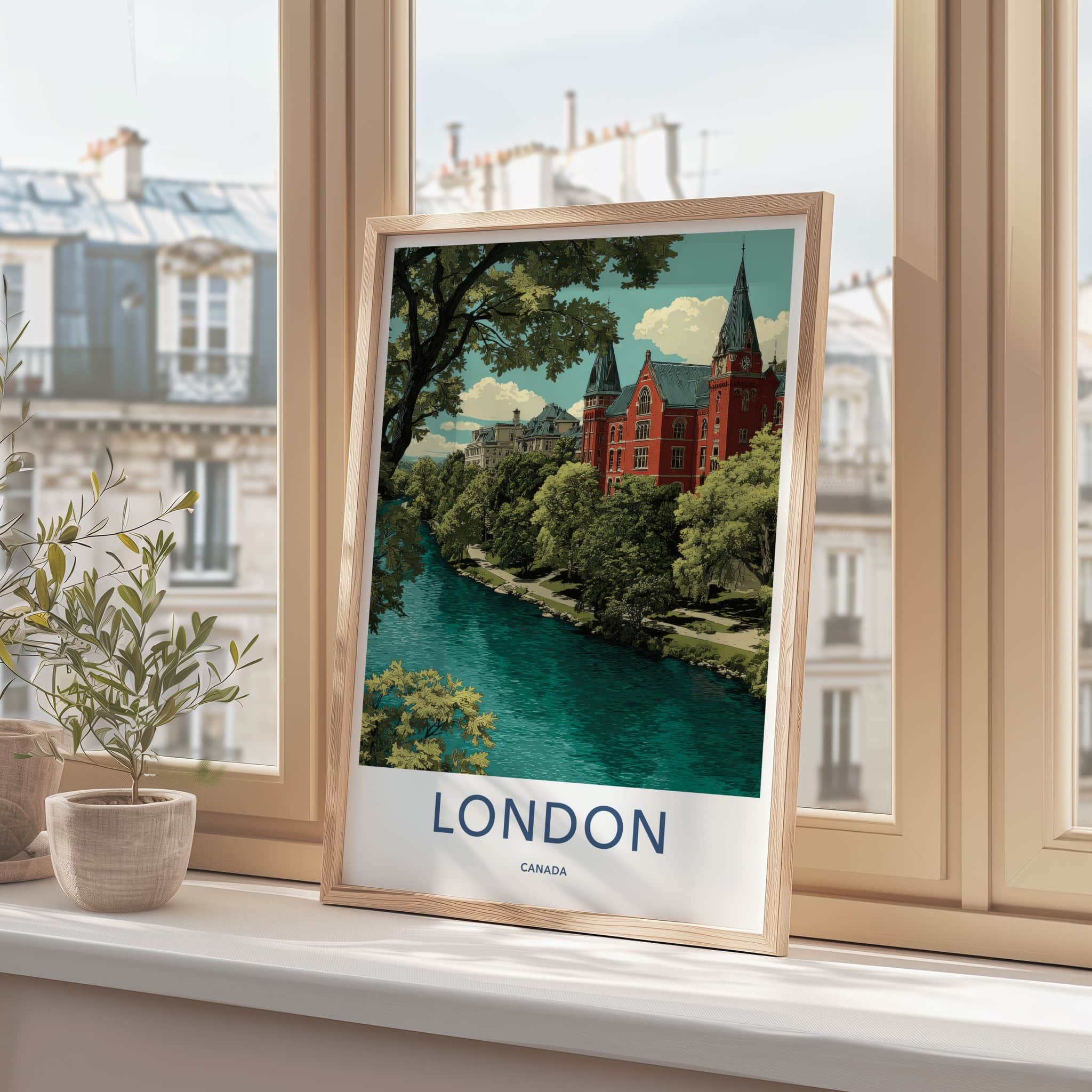 London Poster - Canada Travel Art - Lush Riverfront Campus Home Decor