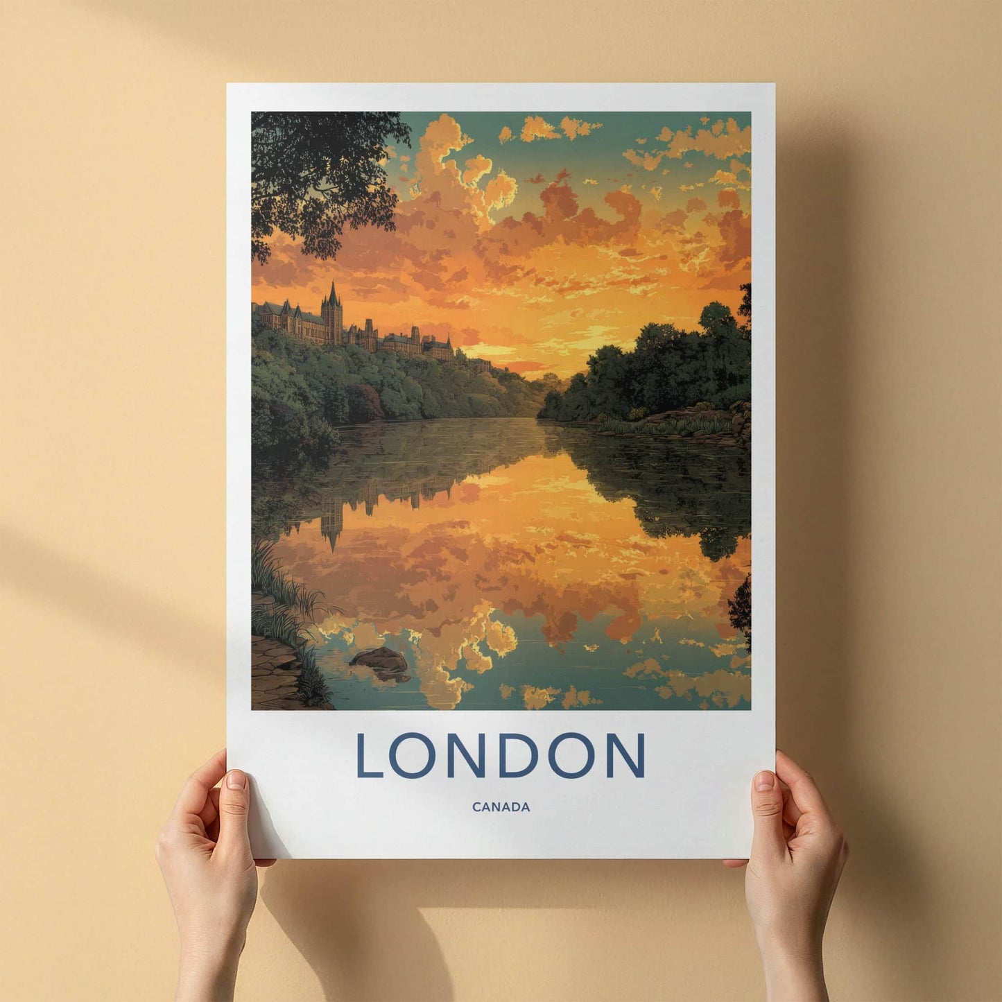 London Poster - Canada Travel Art - Orange Sunset Reflection Home Decor