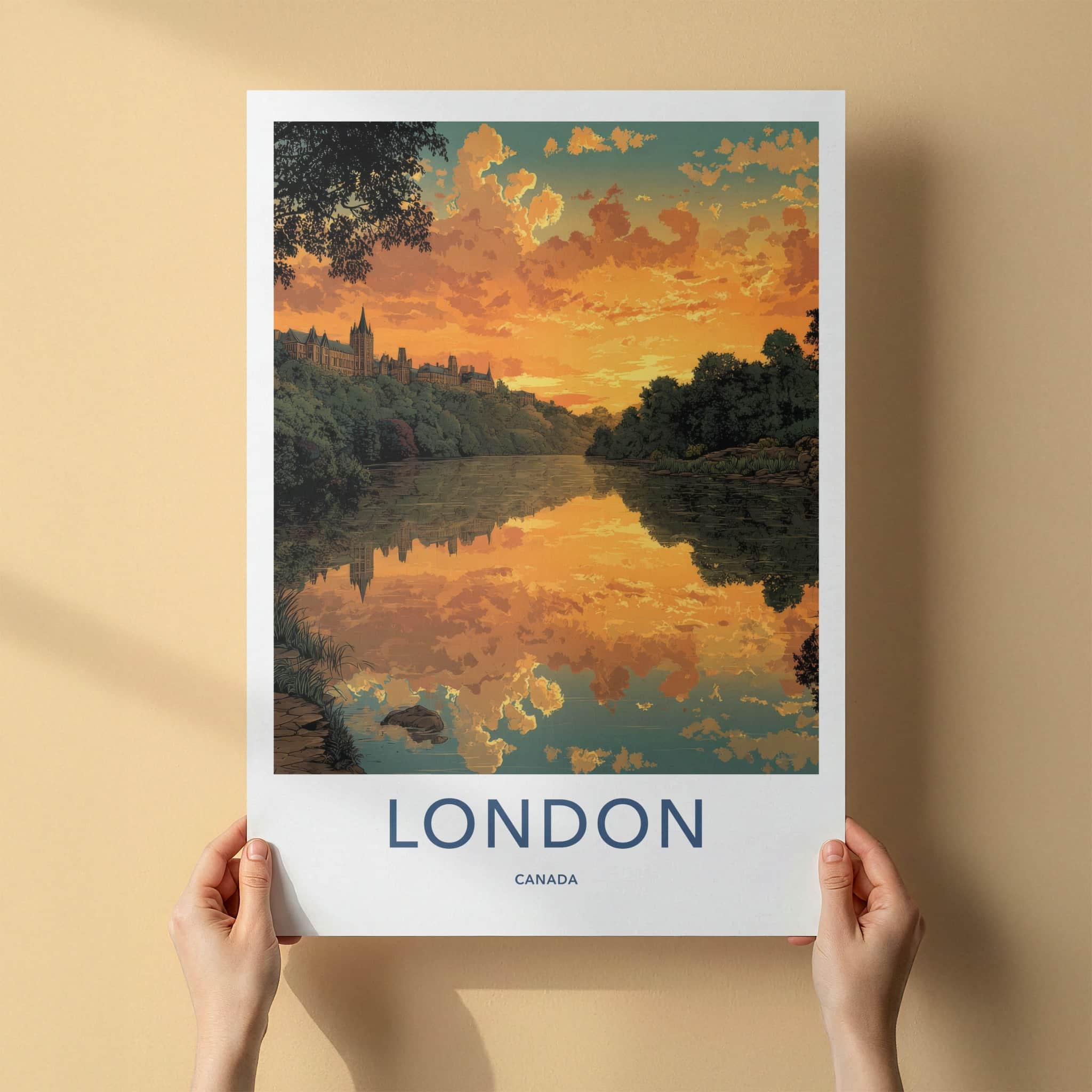 London Poster - Canada Travel Art - Orange Sunset Reflection Home Decor