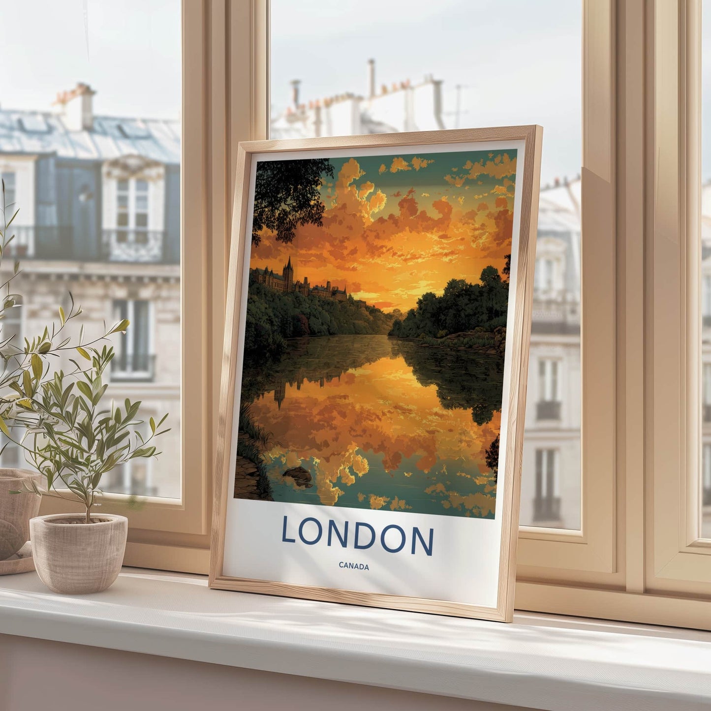 London Poster - Canada Travel Art - Orange Sunset Reflection Home Decor