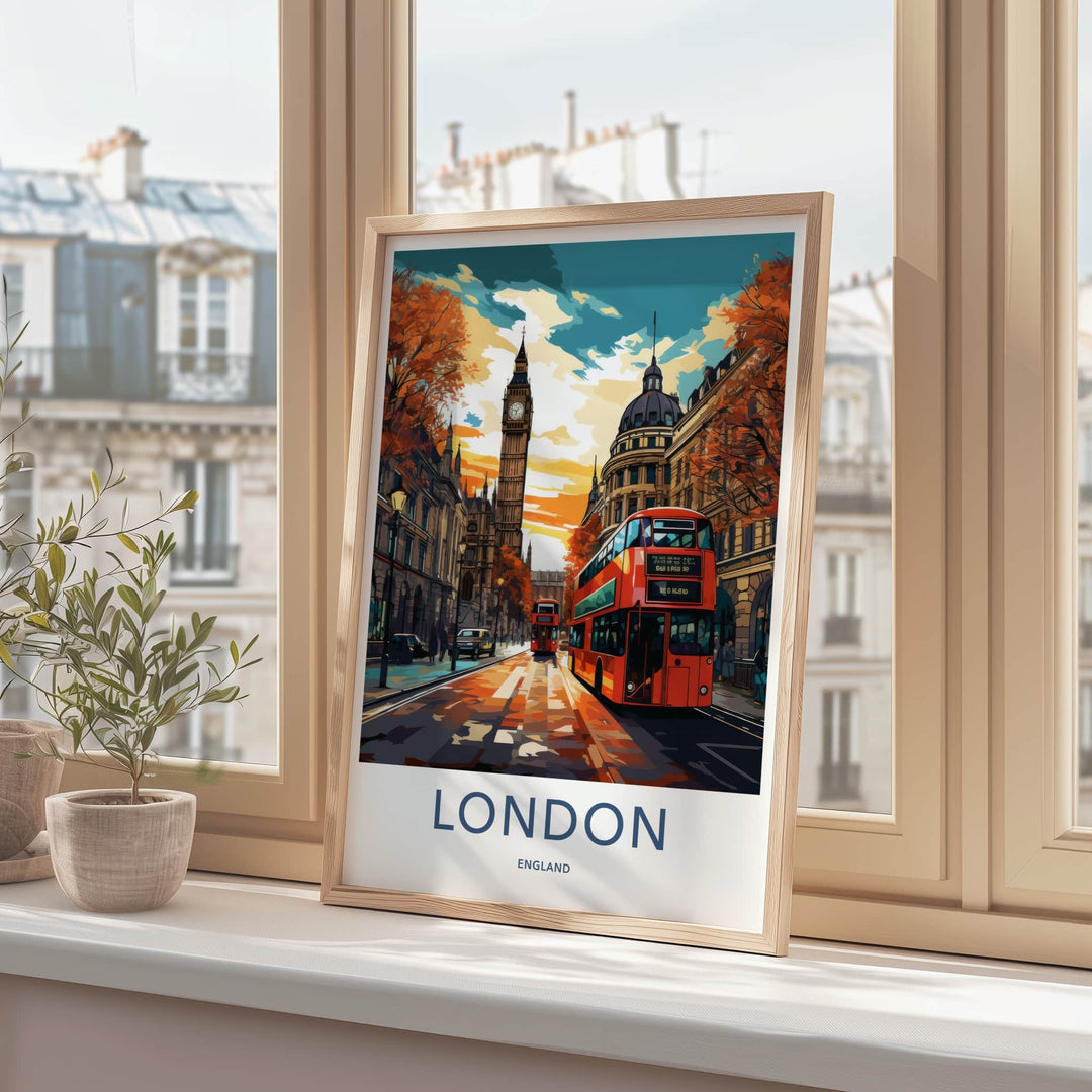 London Poster - England Framed Art - Autumn Street Scene Framed Decor
