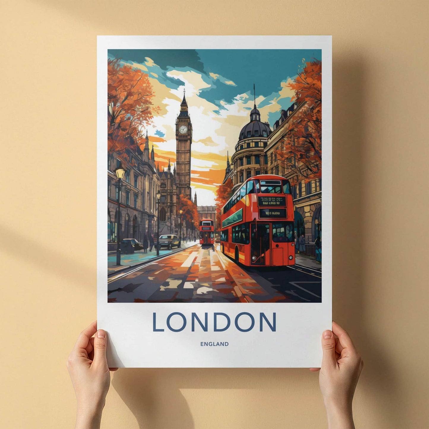 London Poster - England Framed Art - Autumn Street Scene Framed Decor