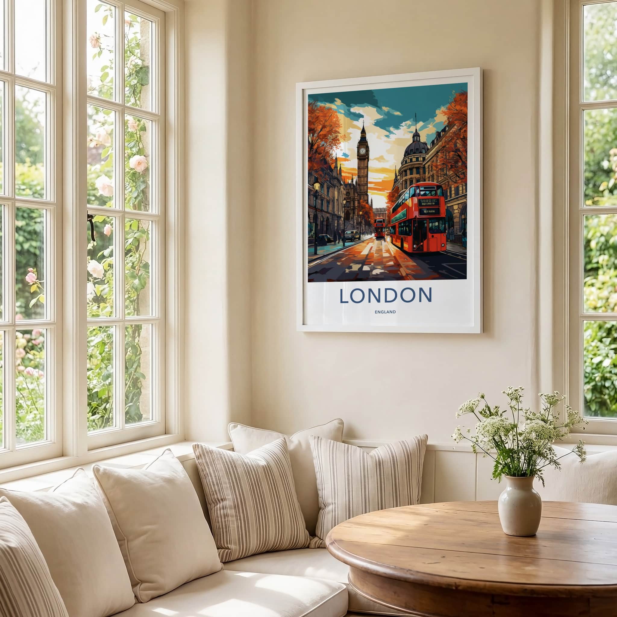 London Poster - England Framed Art - Autumn Street Scene Framed Decor