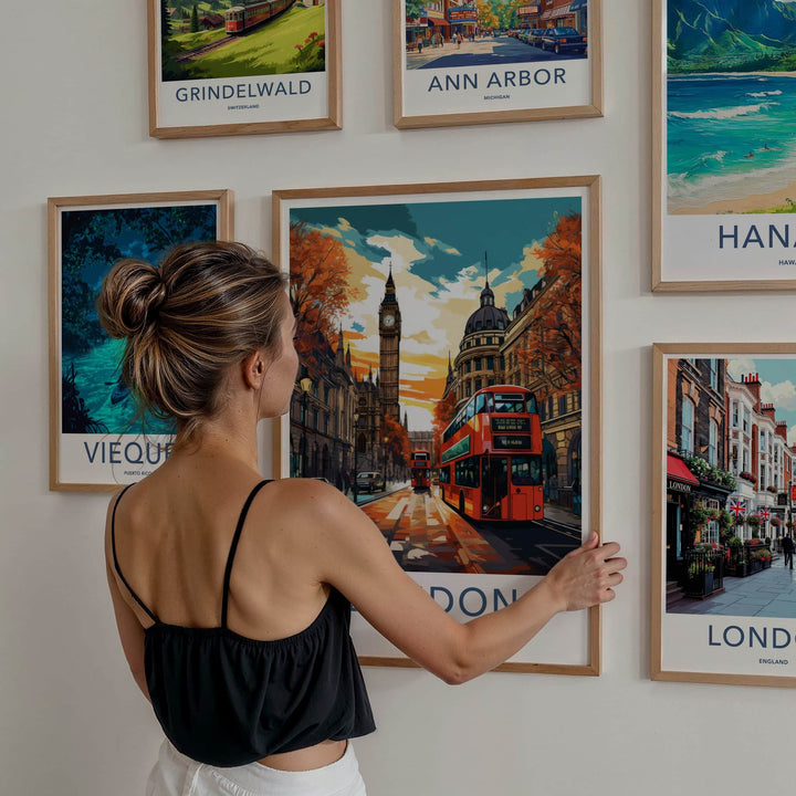 London Poster - England Framed Art - Autumn Street Scene Framed Decor