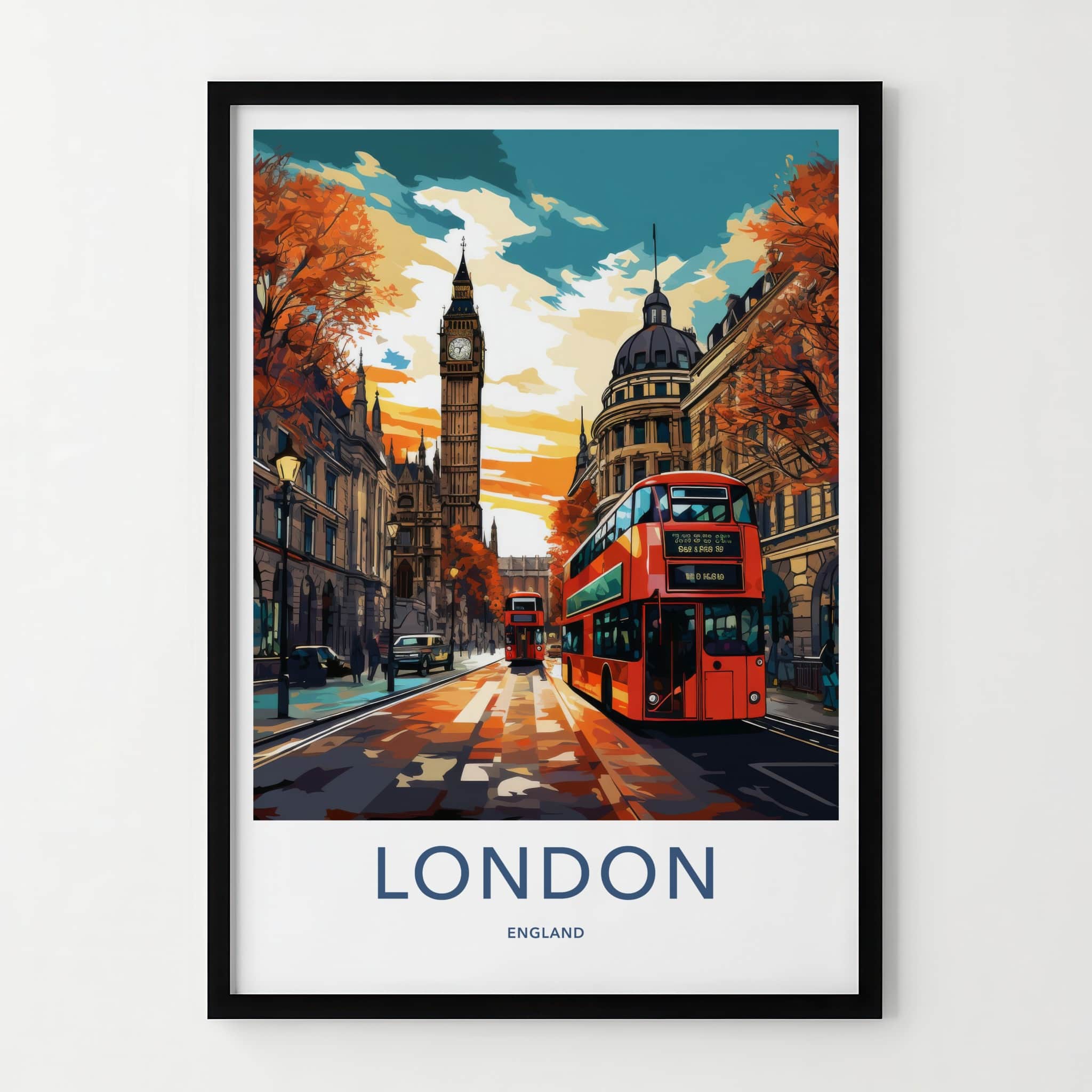 London Poster - England Framed Art - Autumn Street Scene Framed Decor