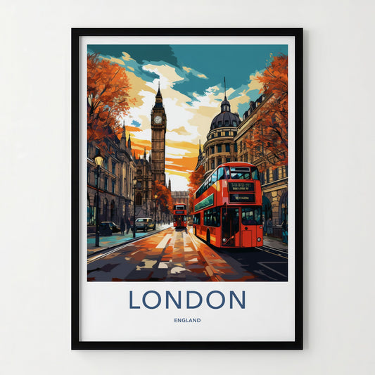 London Poster - England Framed Art - Autumn Street Scene Framed Decor