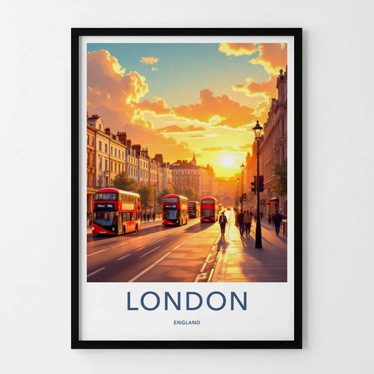 London Poster - England Framed Print - Sunset Buses Street Lounge Decor