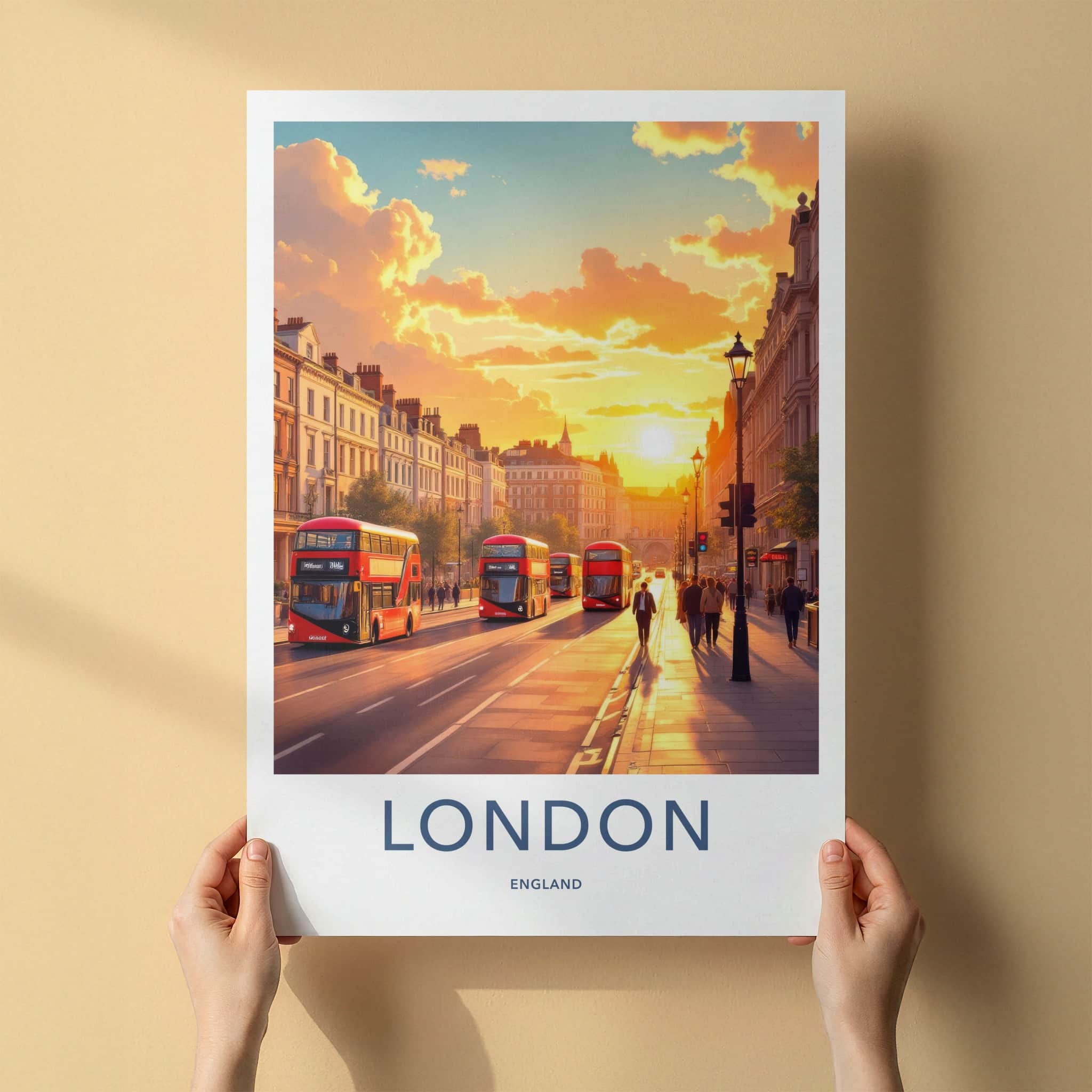 London Poster - England Framed Print - Sunset Buses Street Lounge Decor