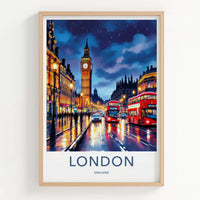 London Poster - England Travel Art - Rainy City Night Home Decor
