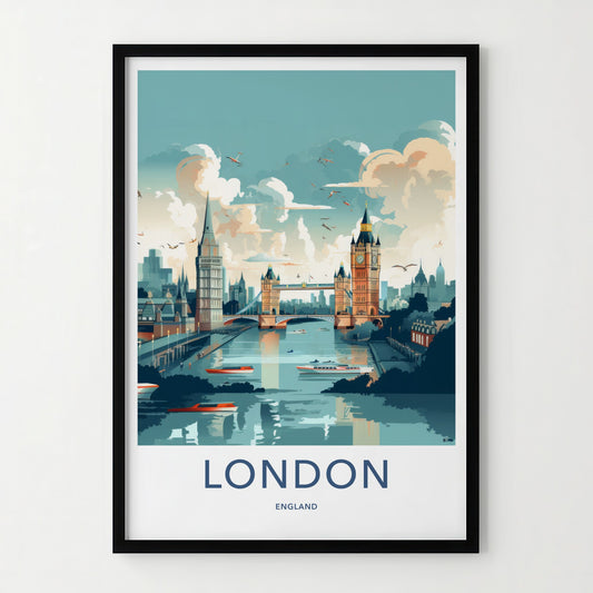 London Poster - England Travel Art - River Thames Cityscape Home Decor