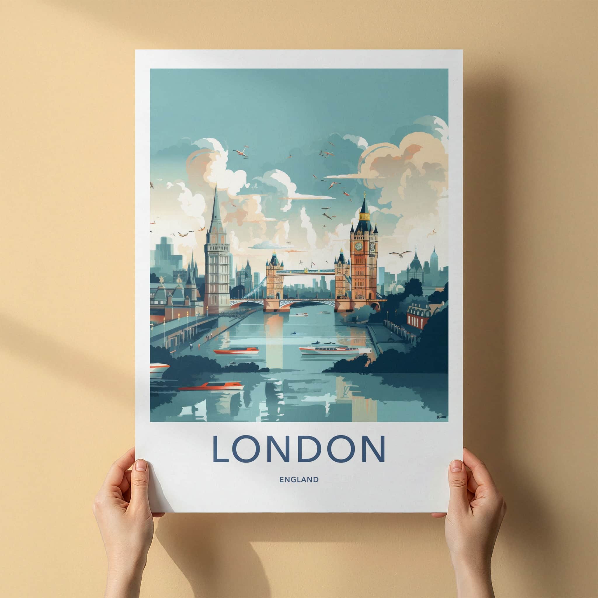 London Poster - England Travel Art - River Thames Cityscape Home Decor