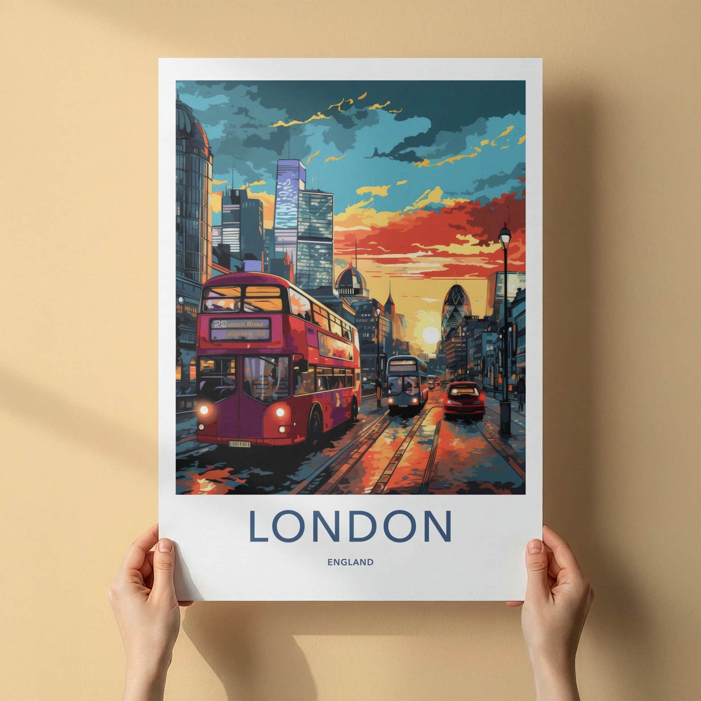 London Poster - England Travel Art - Vibrant Cityscape Bus Home Decor