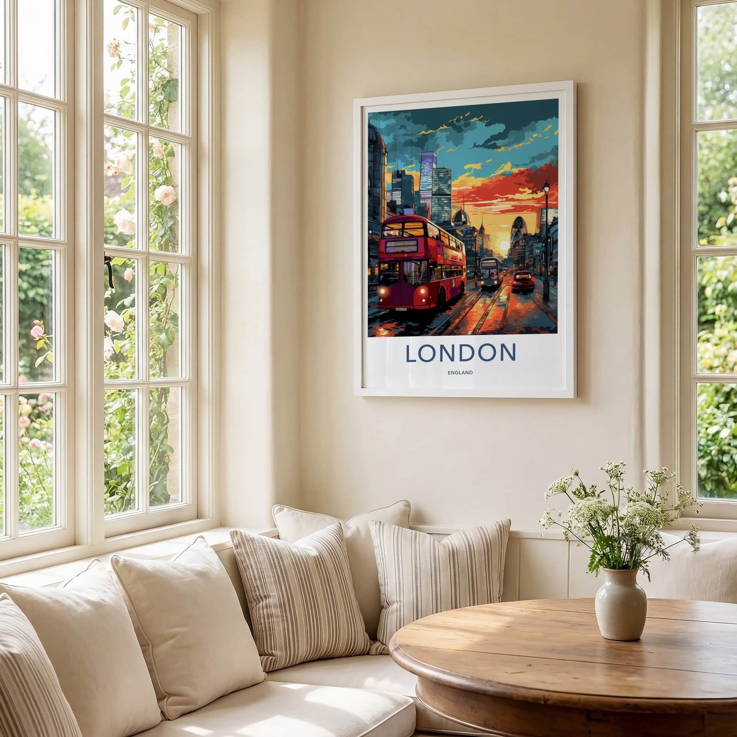 London Poster - England Travel Art - Vibrant Cityscape Bus Home Decor