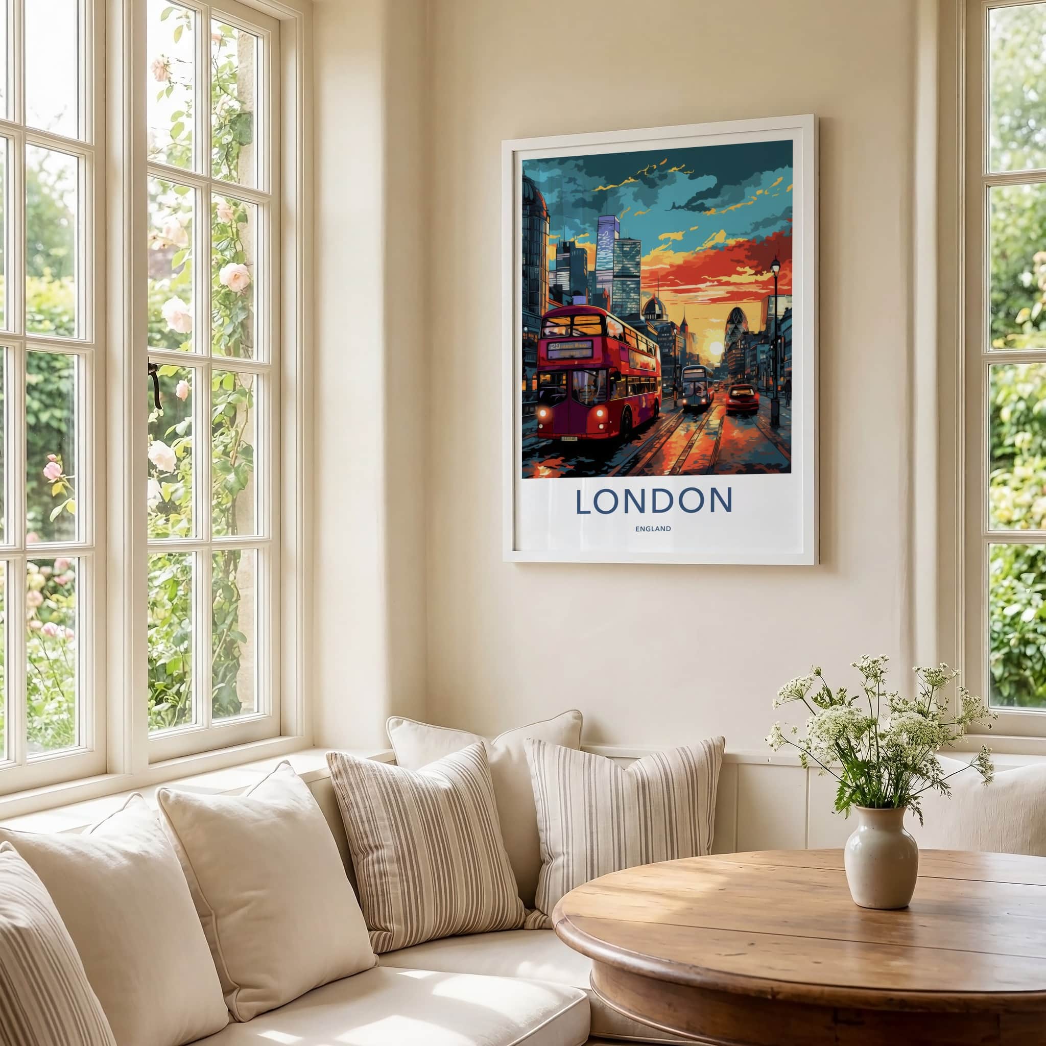 London Poster - England Travel Art - Vibrant Cityscape Bus Home Decor