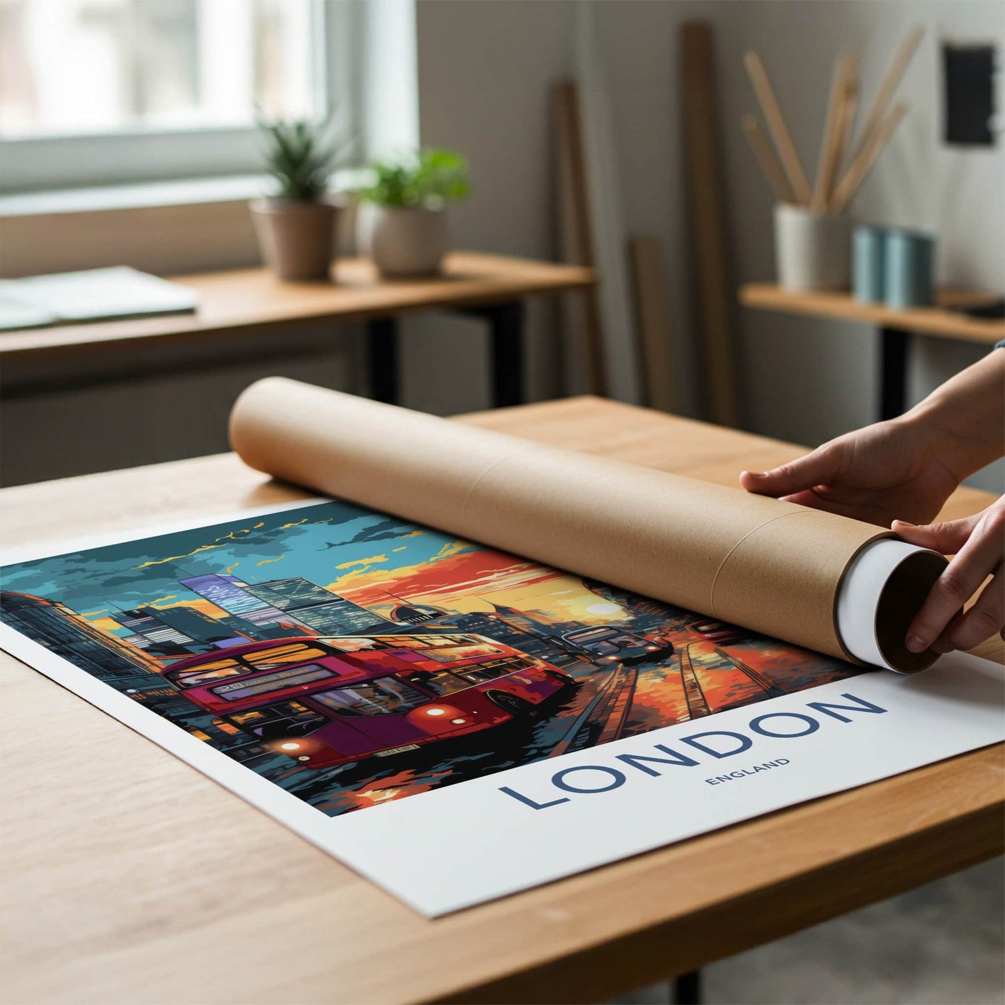 London Poster - England Travel Art - Vibrant Cityscape Bus Home Decor