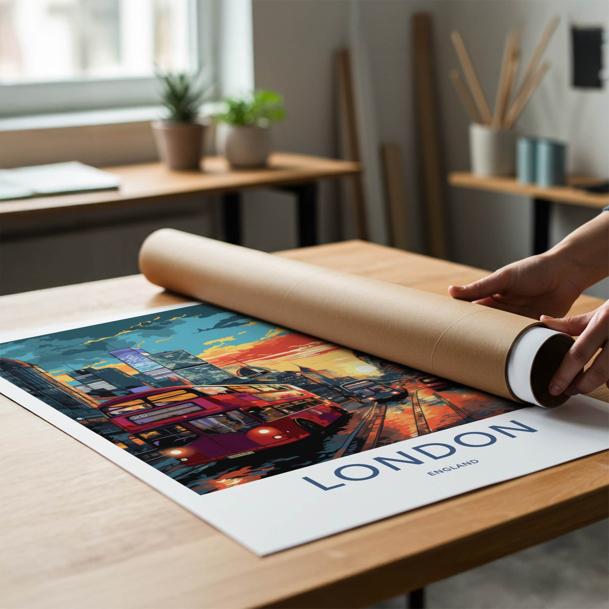 London Poster - England Travel Art - Vibrant Cityscape Bus Home Decor