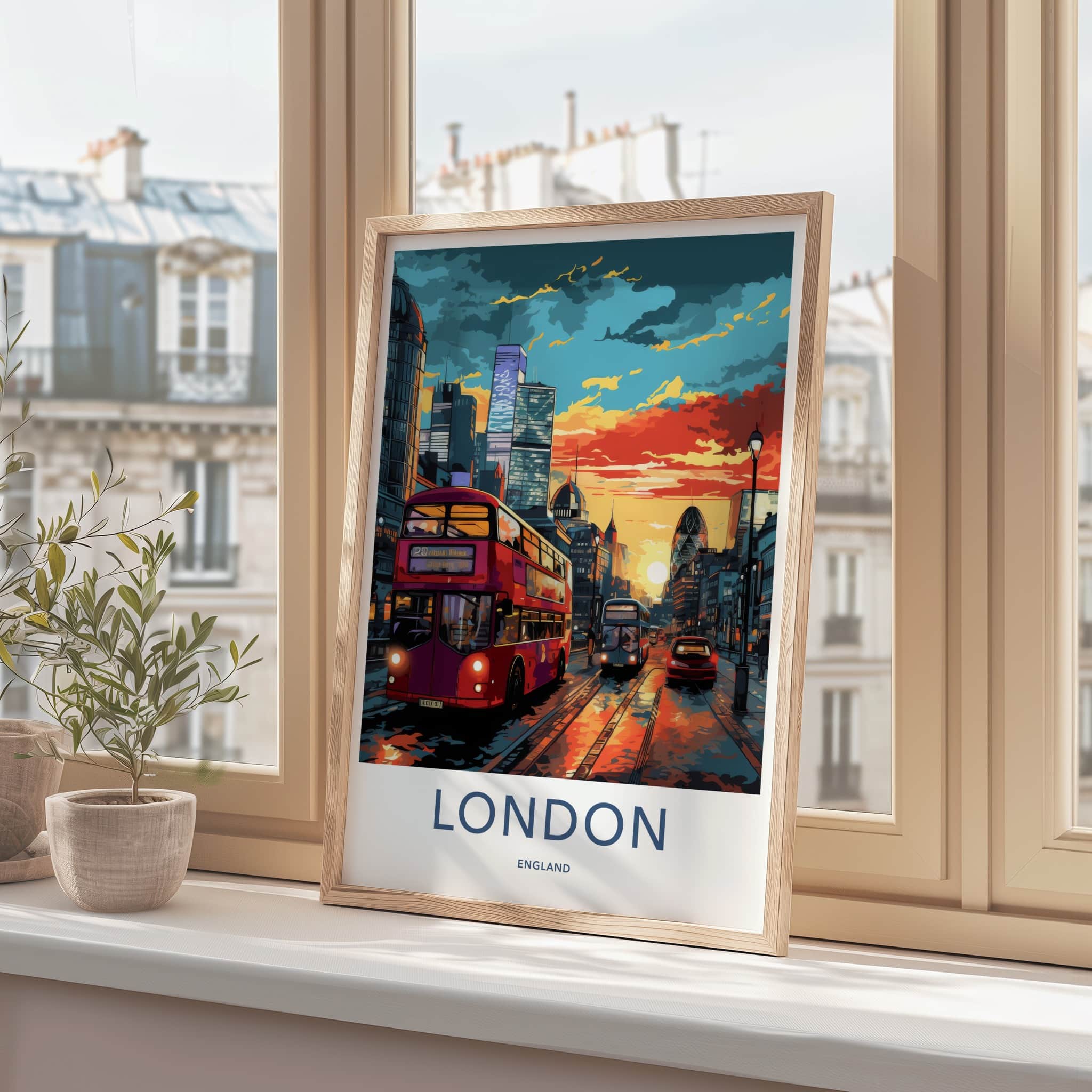 London Poster - England Travel Art - Vibrant Cityscape Bus Home Decor