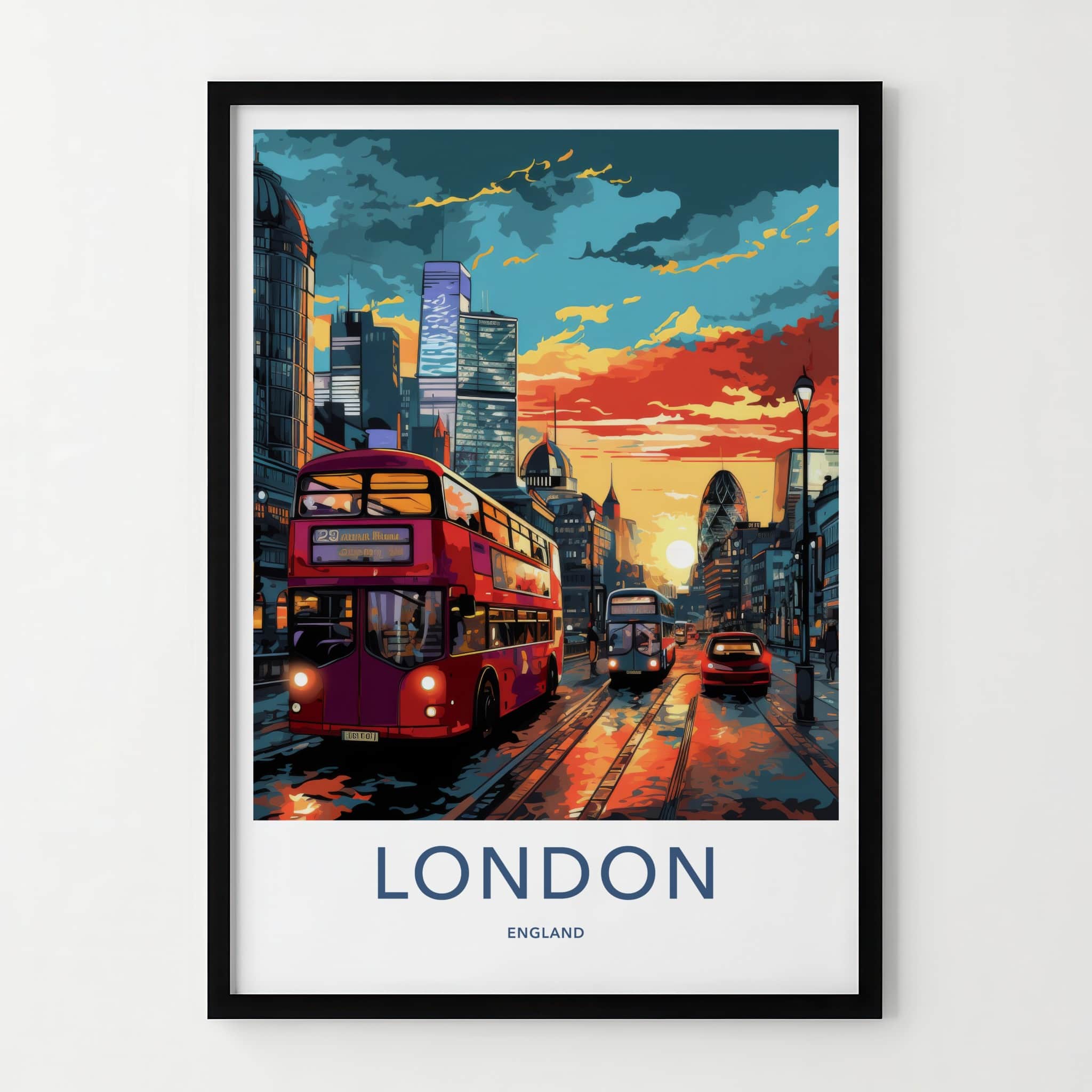 London Poster - England Travel Art - Vibrant Cityscape Bus Home Decor