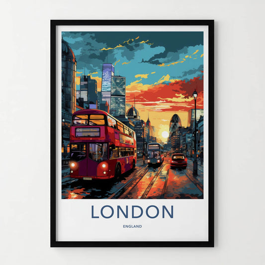 London Poster - England Travel Art - Vibrant Cityscape Bus Home Decor