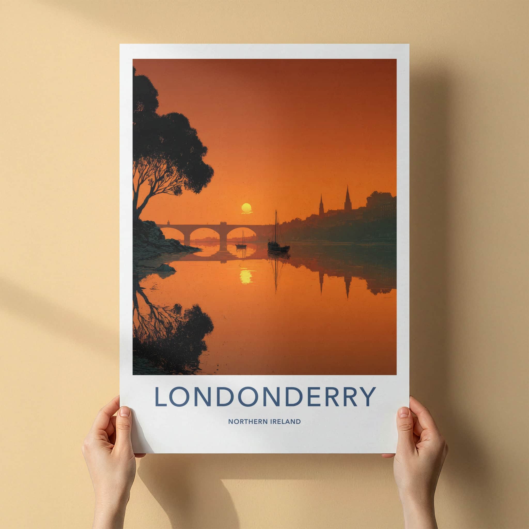 Londonderry Poster - Northern Ireland Travel Art - River Sunset Silhouette Wall Decor